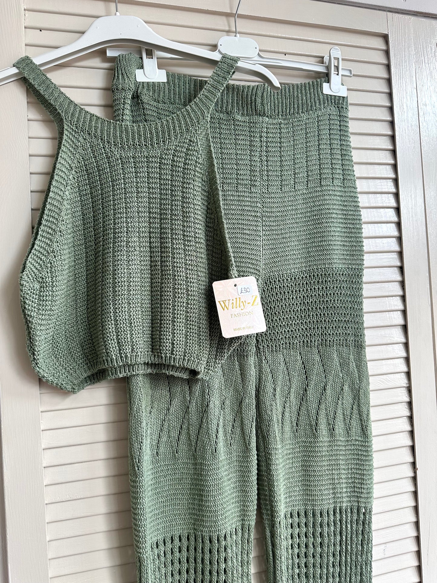 Crochet crop top & trouser beach set - Khaki green