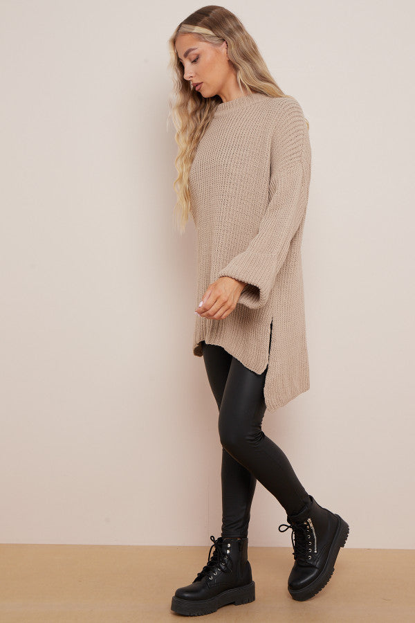 Beige dip hem oversized knit jumper