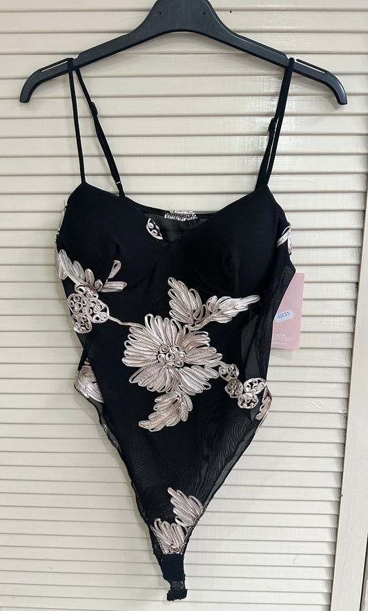Floral mesh detail bodysuit with fitted cups & adjustable straps - Black