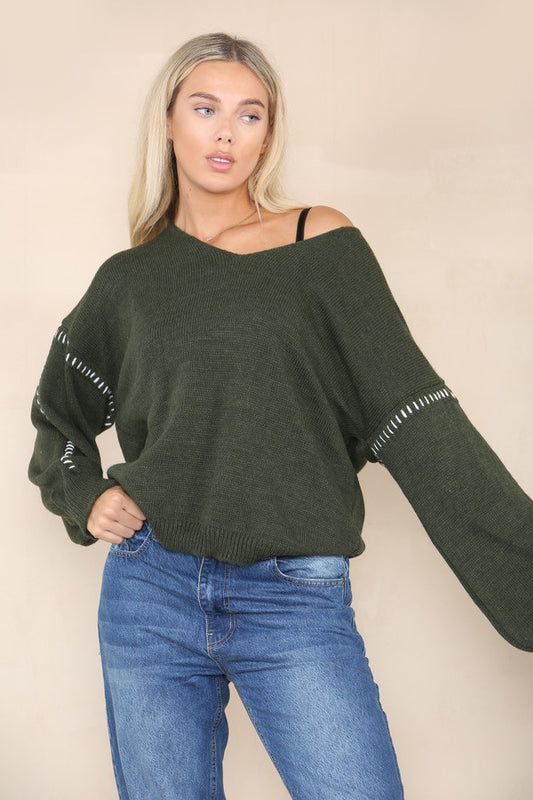 Khaki green contrast stitching jumper