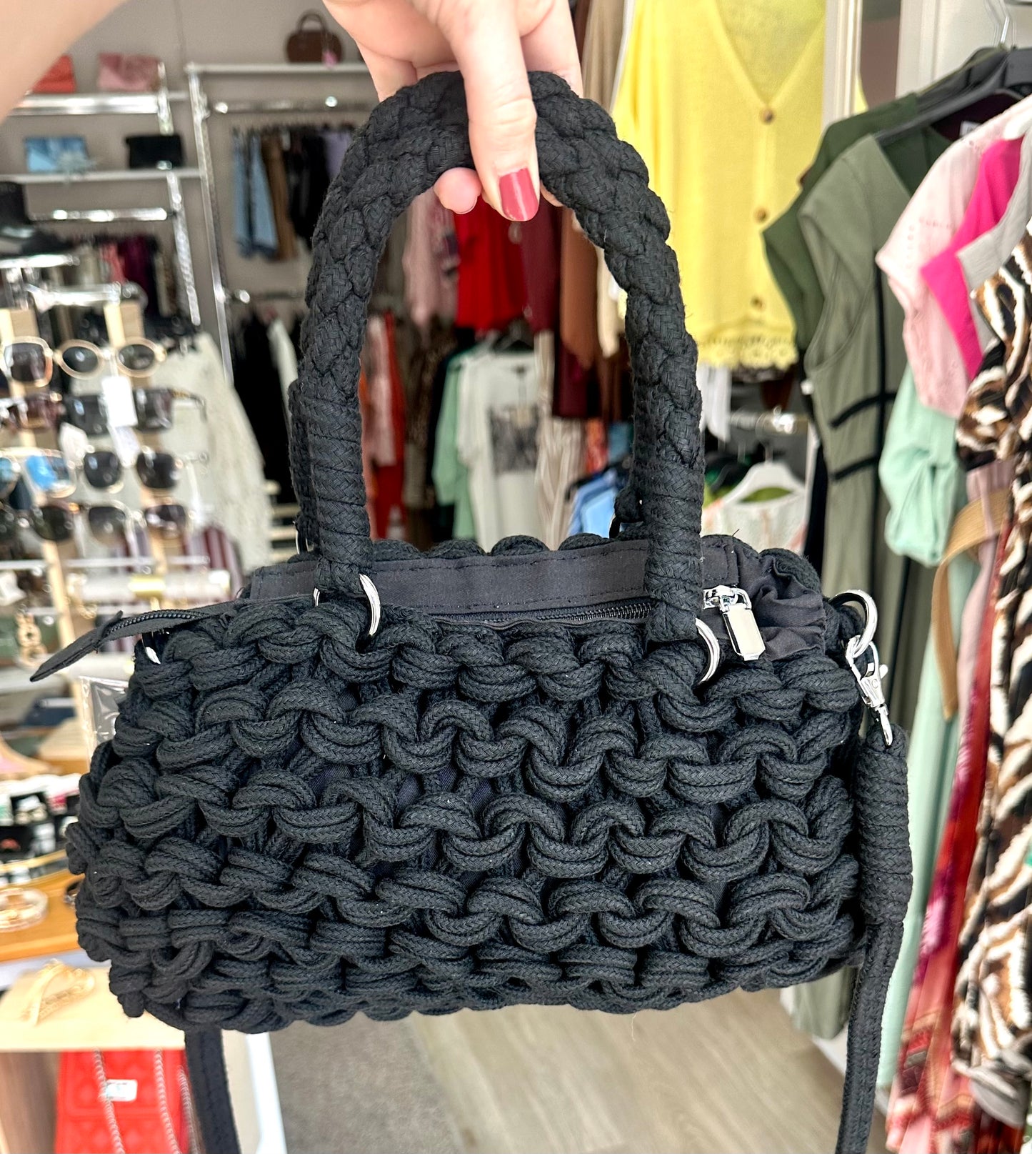 Black chunky knit two handle shoulder bag
