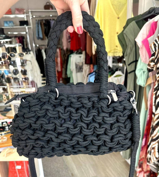 Black chunky knit two handle shoulder bag