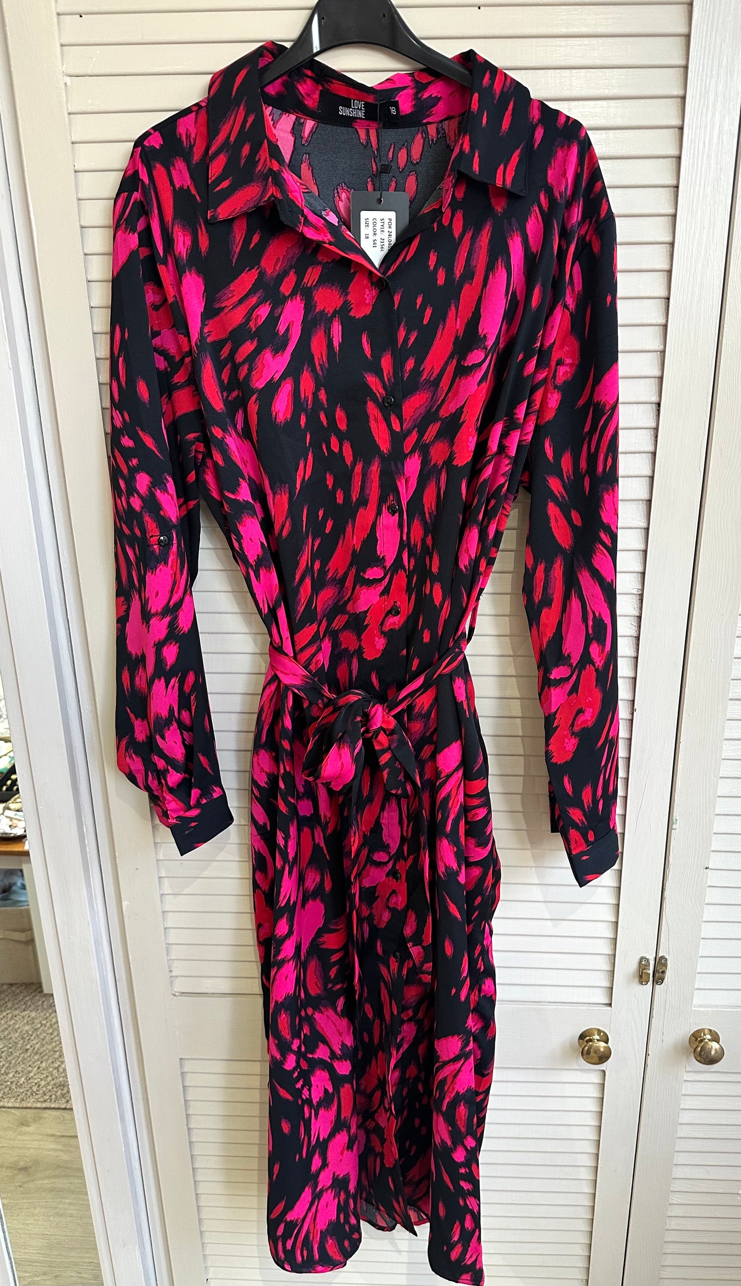 Pink & black printed long sleeve shirt maxi dress