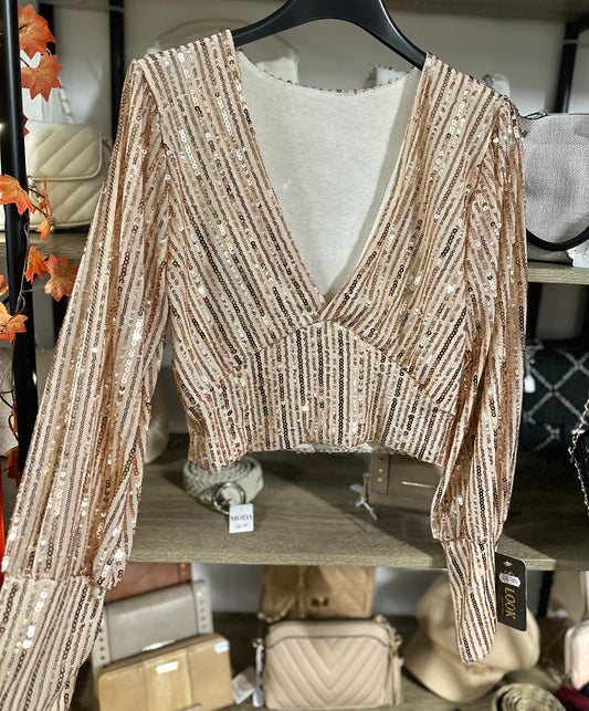 Rose gold sequin v neck crop top