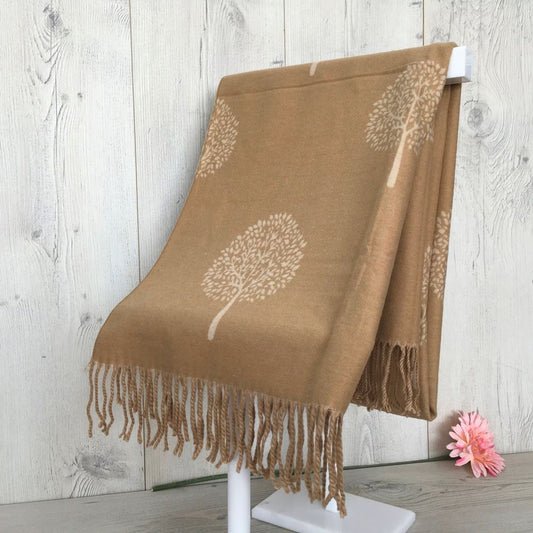 Tree pattern reversible winter scarf - camel & beige