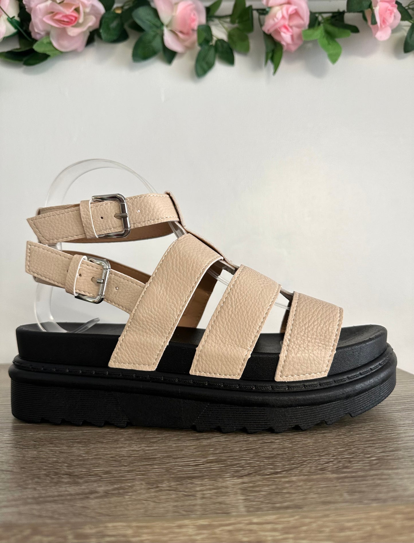 Beige & black double strap chunky platform sandals