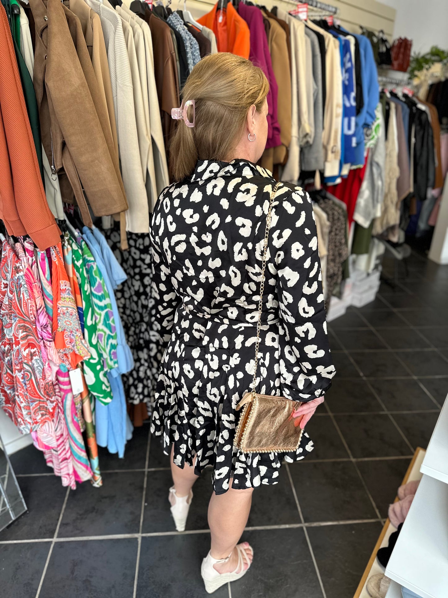 Black long sleeve leopard print belted dress