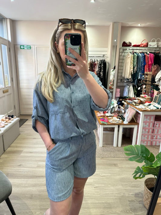 linen look elasticated shorts - Blue, green, taupe