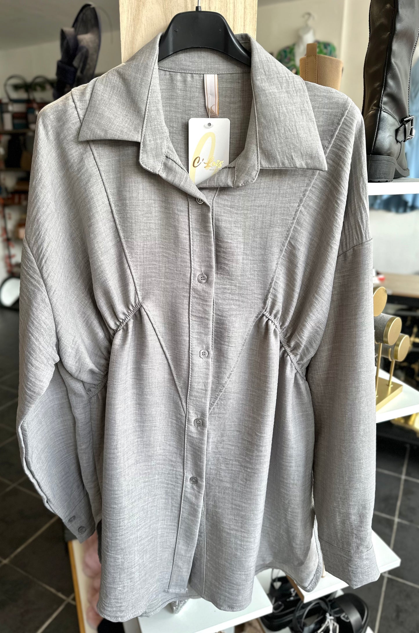 Grey ruched side detail long sleeve shirt