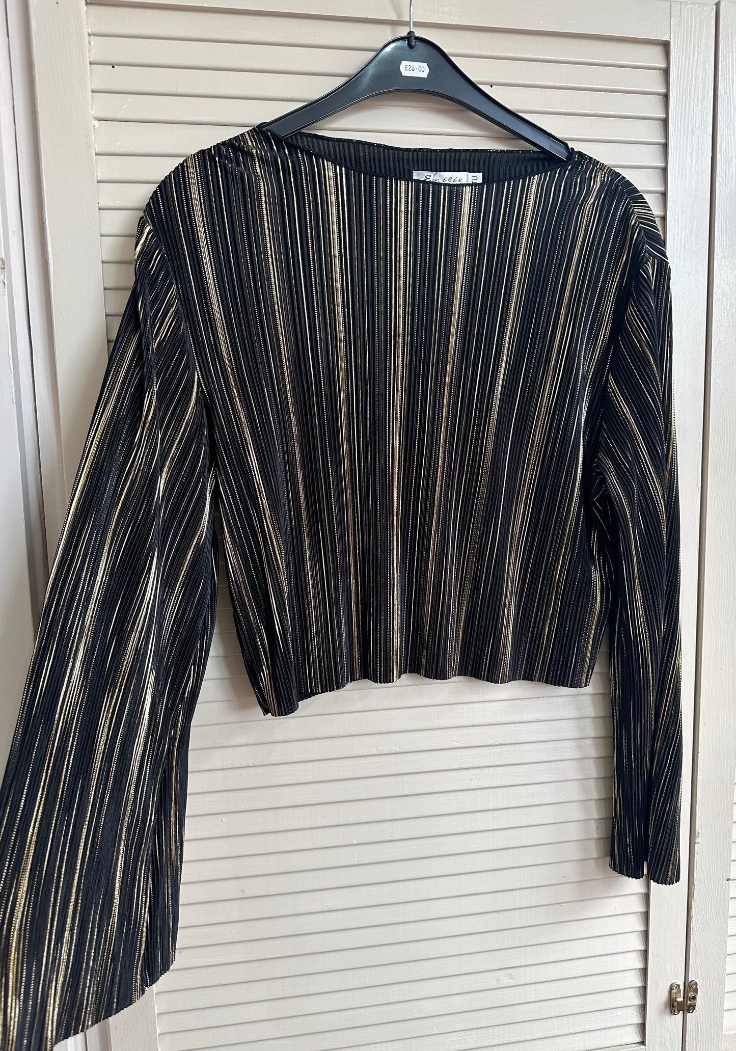 Black & gold detail long sleeve top and high waisted wide leg trousers