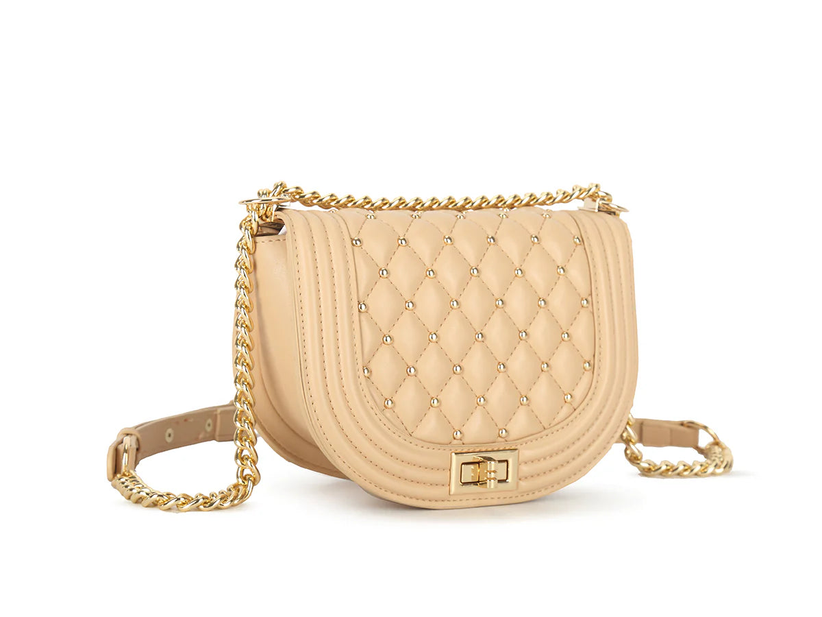 Quilted and stud detail shoulder bag with gold chain strap - Nude