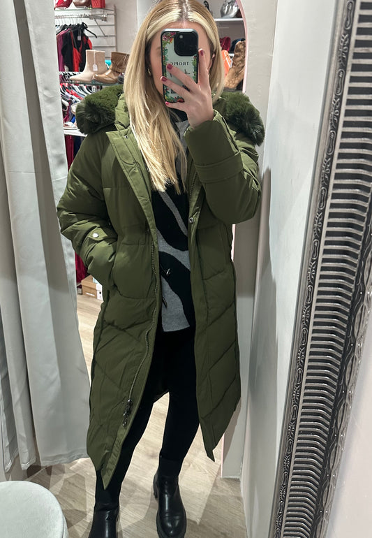 Green padded longline coat with removable fur hood