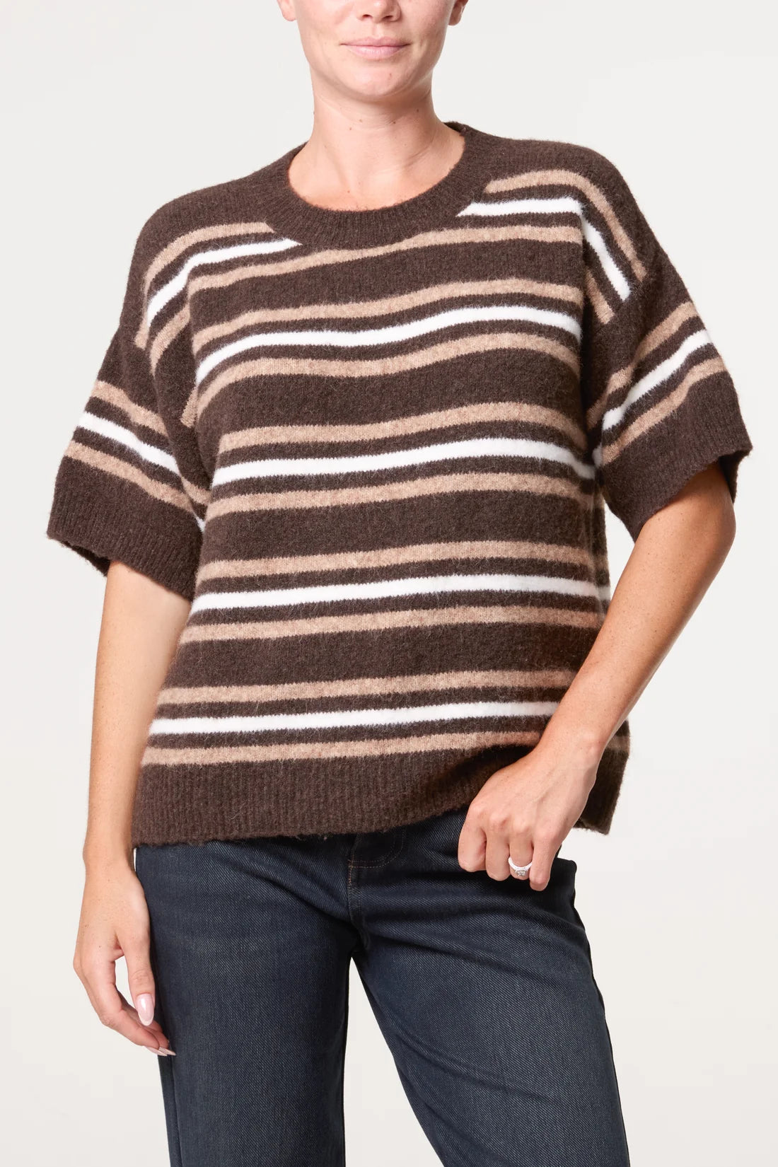 Striped knit short sleeve jumper - chocolate
