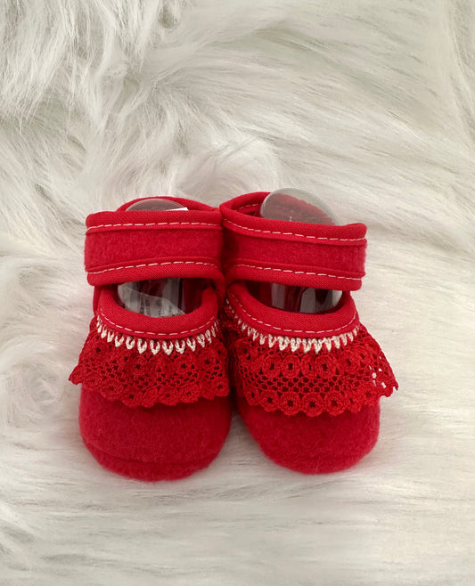 Lace detail soft baby shoes - Red