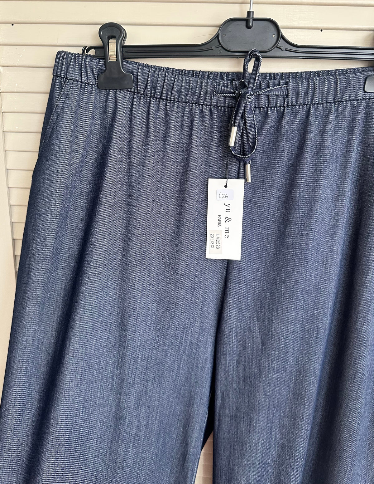Curve blue denim look wide leg drawstring trousers with pockets