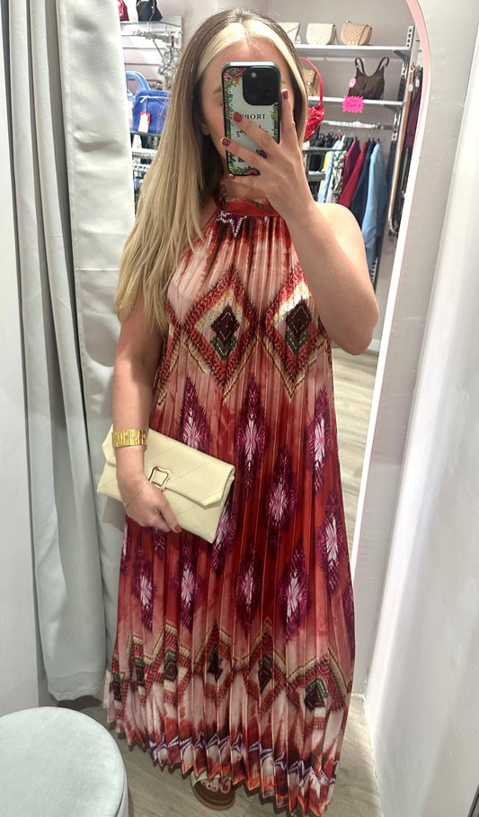 Sleeveless high neck pleated maxi dress
