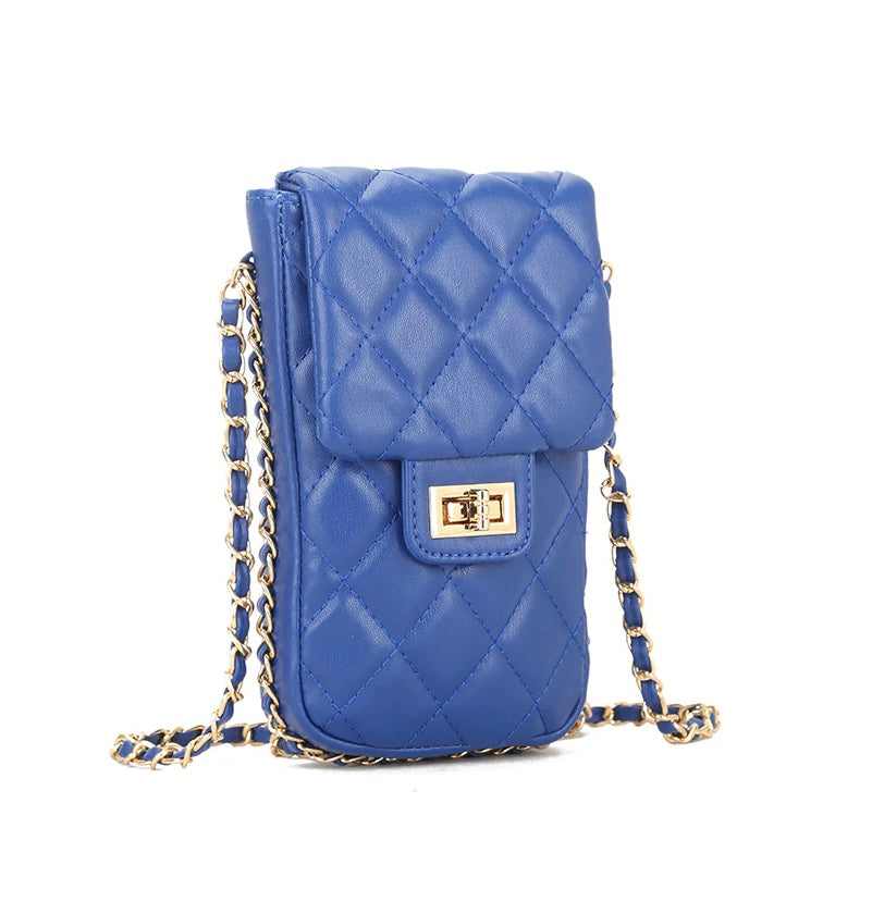 Faux leather quilted crossbody bag with weave chain detail strap - Royal blue