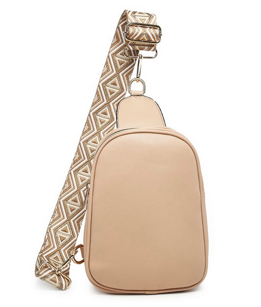 Backpack style crossbody bag with wide pattern strap - Apricot