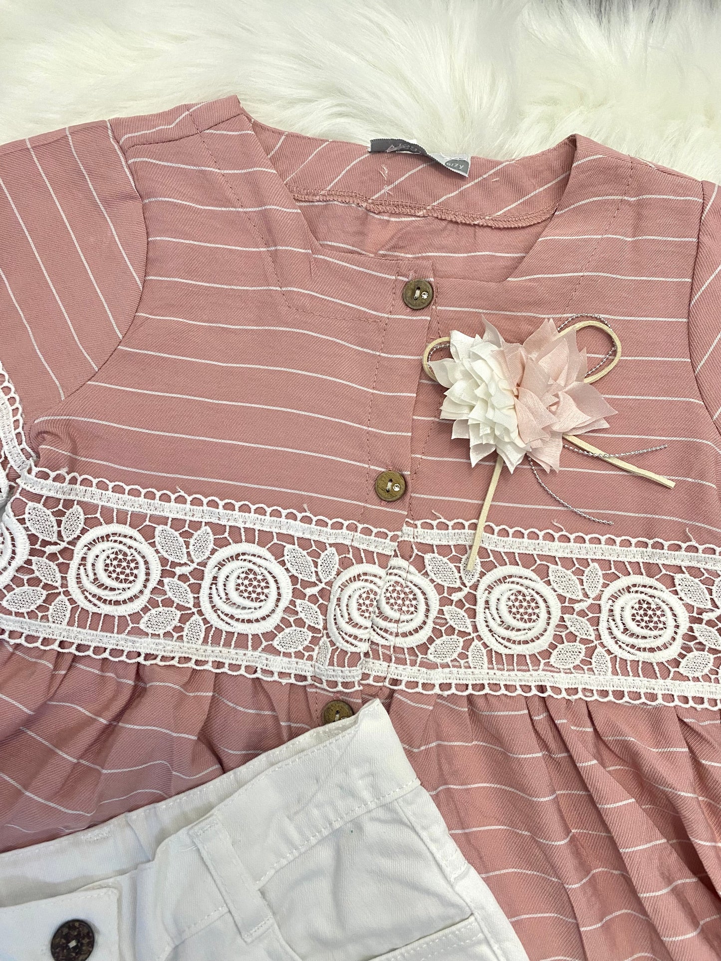 Pink & White stripe blouse & White jeans set