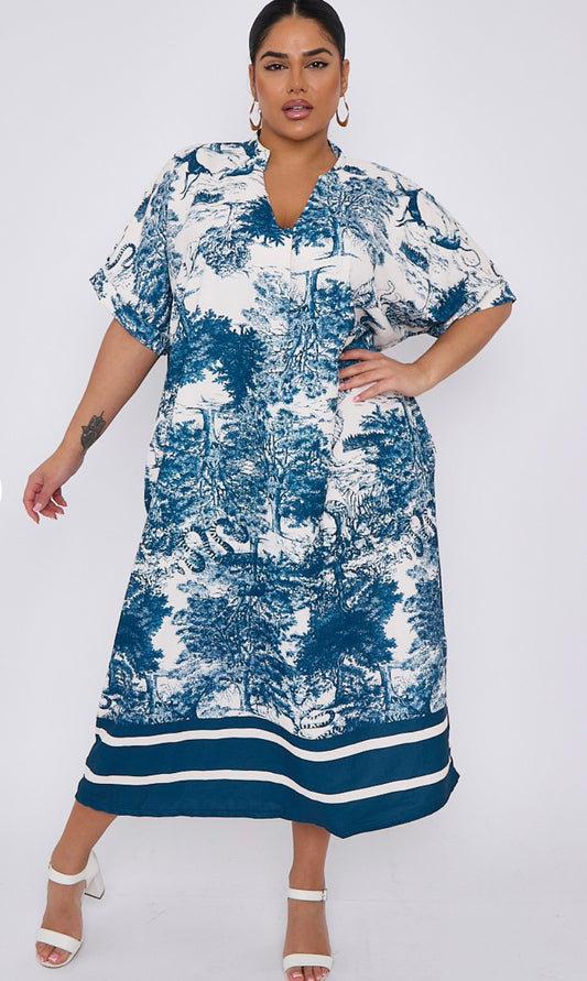 Plus size blue printed collar style short sleeve dress with pockets