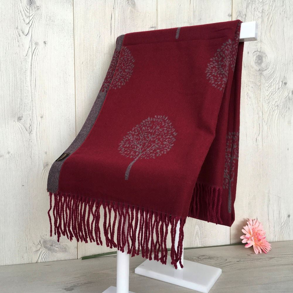 Tree pattern reversible winter scarf - Burgundy & grey