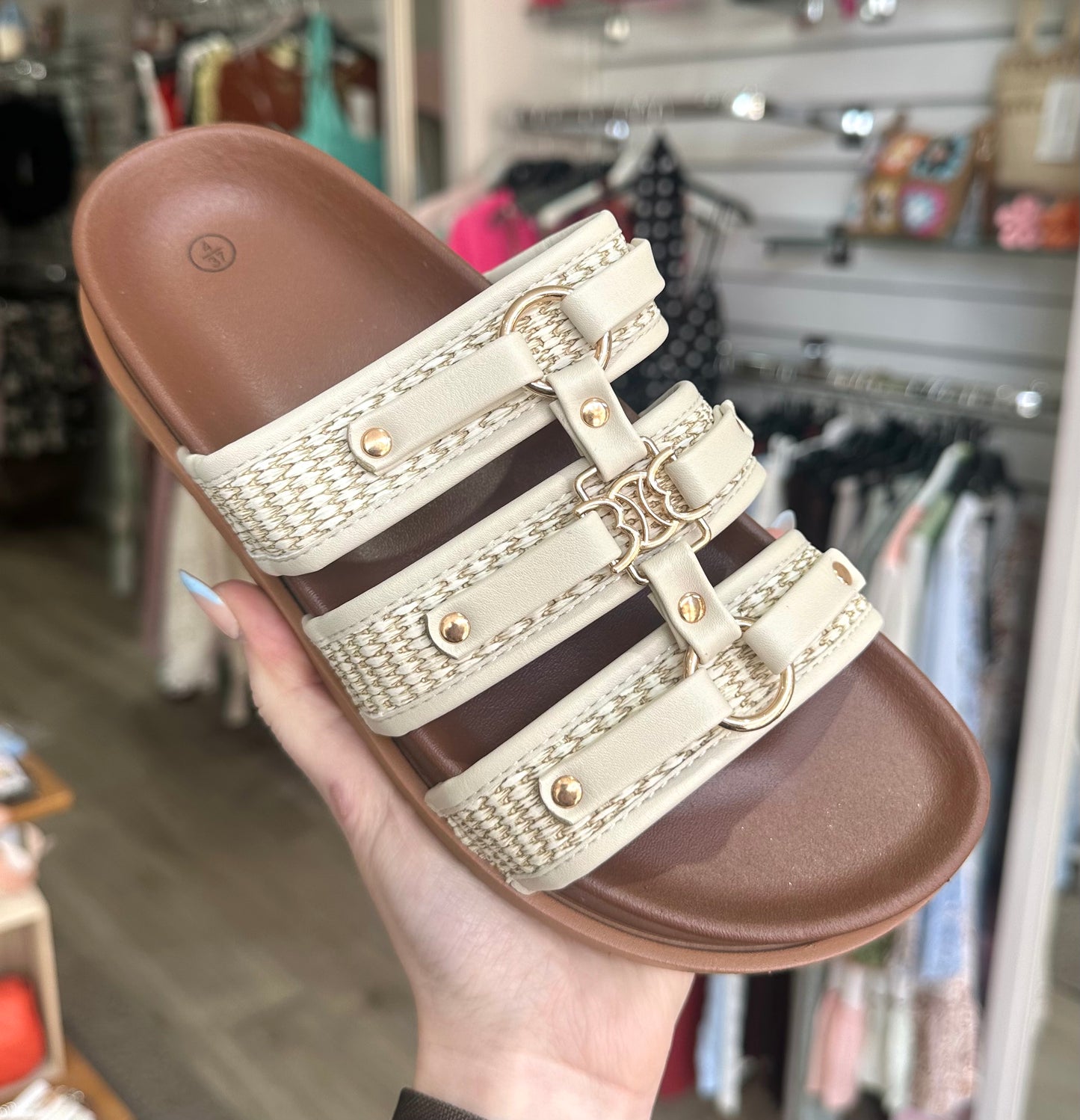 Beige 3 Strap Detail Slip-On Flat Sandals
