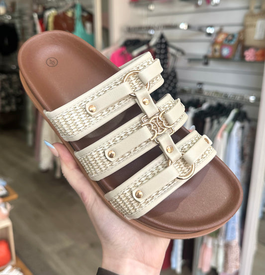 Beige 3 Strap Detail Slip-On Flat Sandals