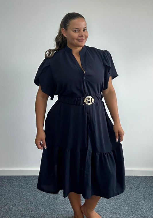 Curve belted tiered shirt dress with pockets - Navy