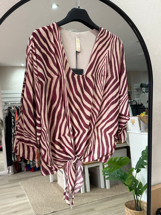 Deep purple pattern front tie blouse