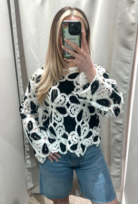 Black & white flower detail crochet long sleeve top