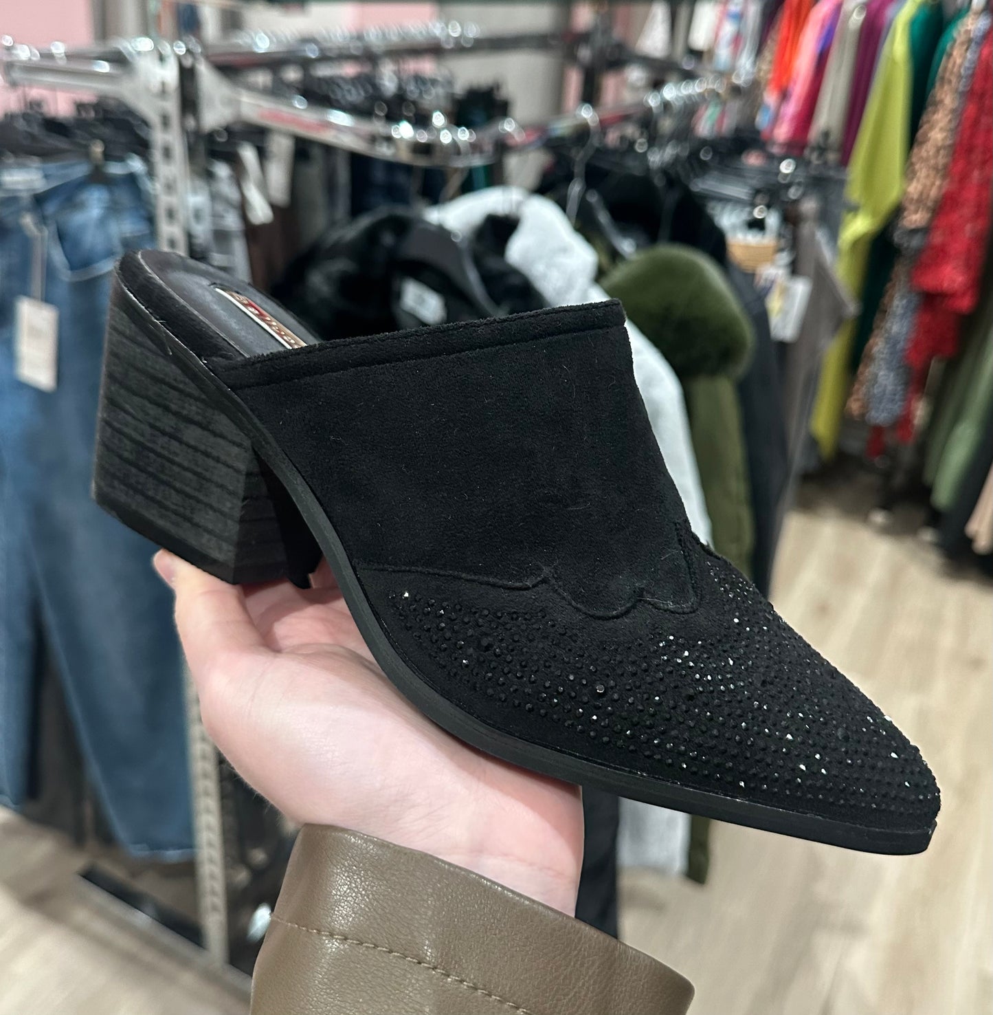 Black diamanté western mules
