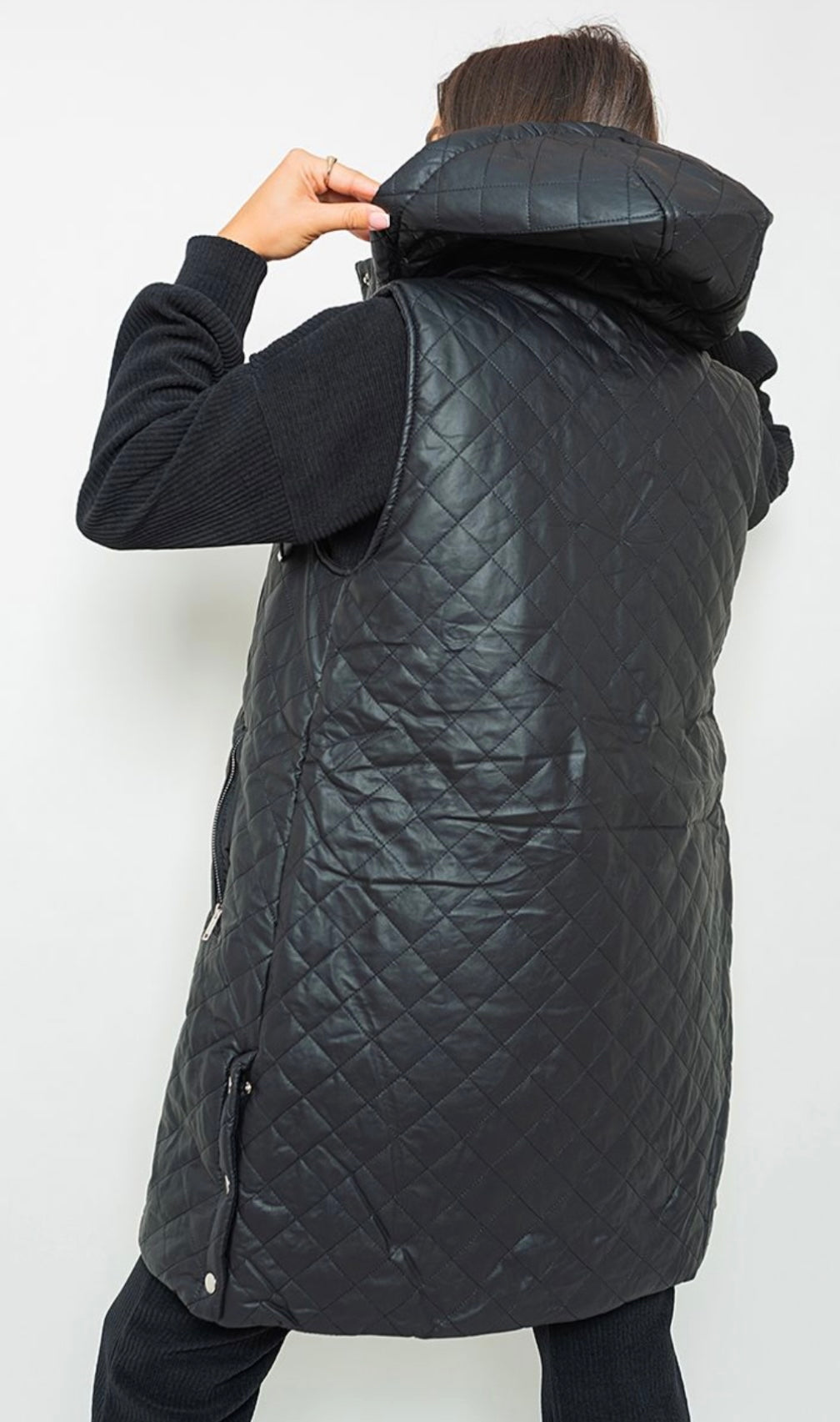 Black quilted faux leather long hooded gilet