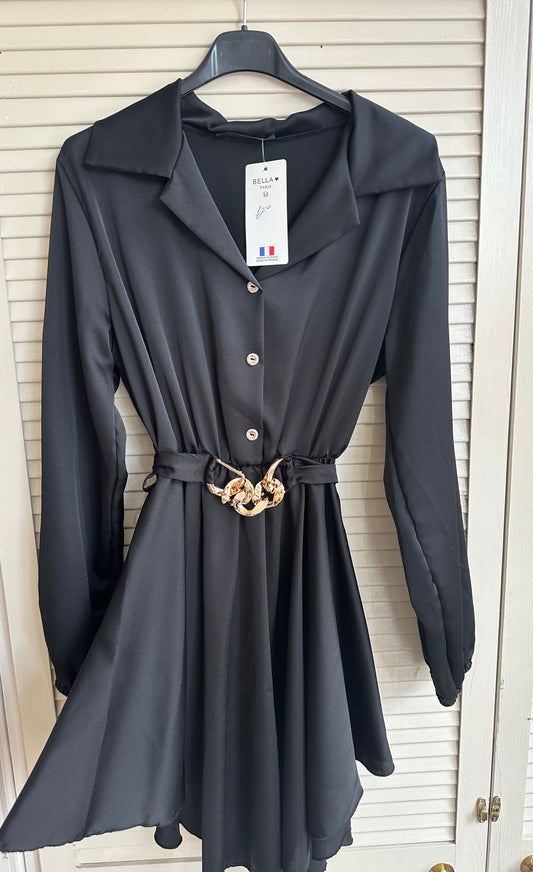 Black button down belted mini dress