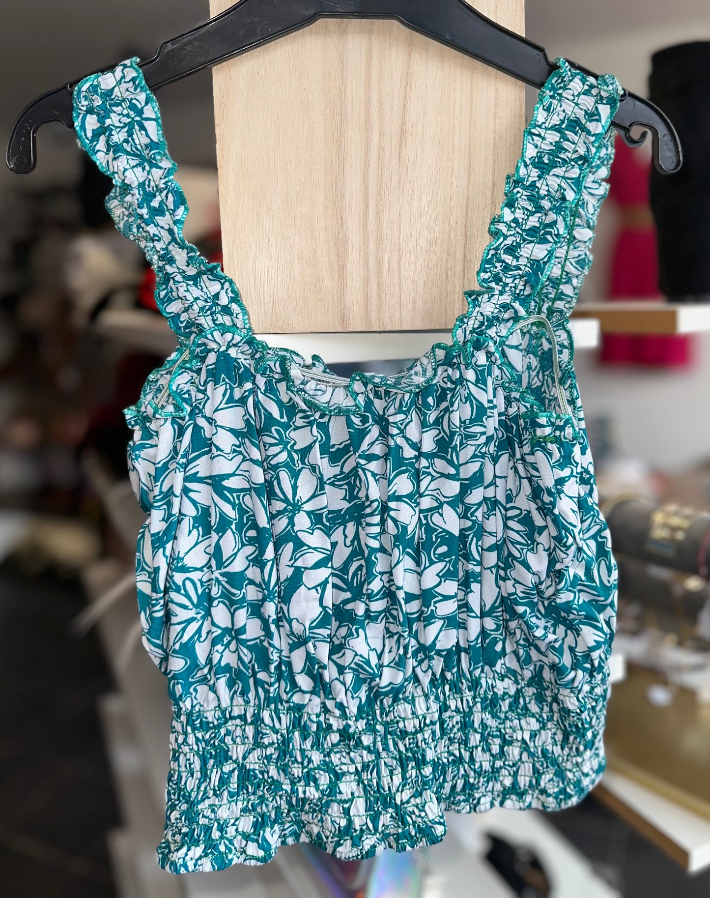 Teal floral shirred detail strappy crop top