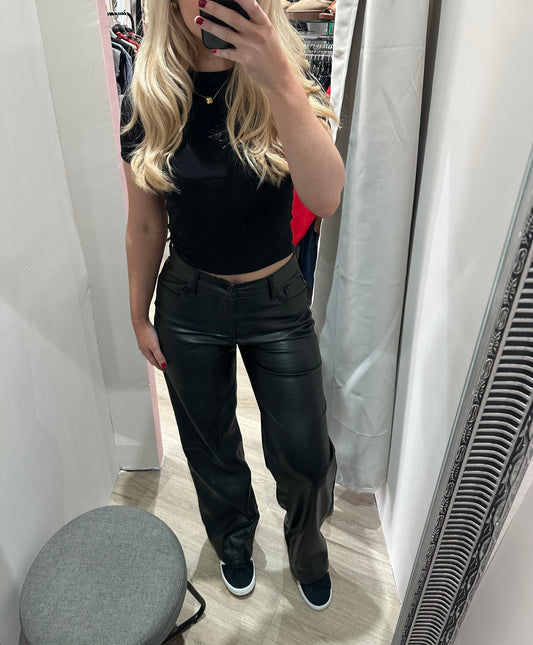 Faux leather straight leg trousers
