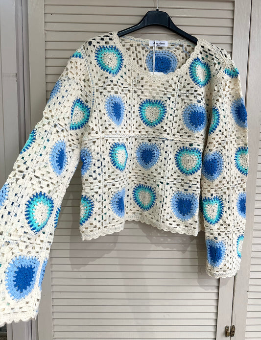 Cream & blue heart patchwork detail crochet top