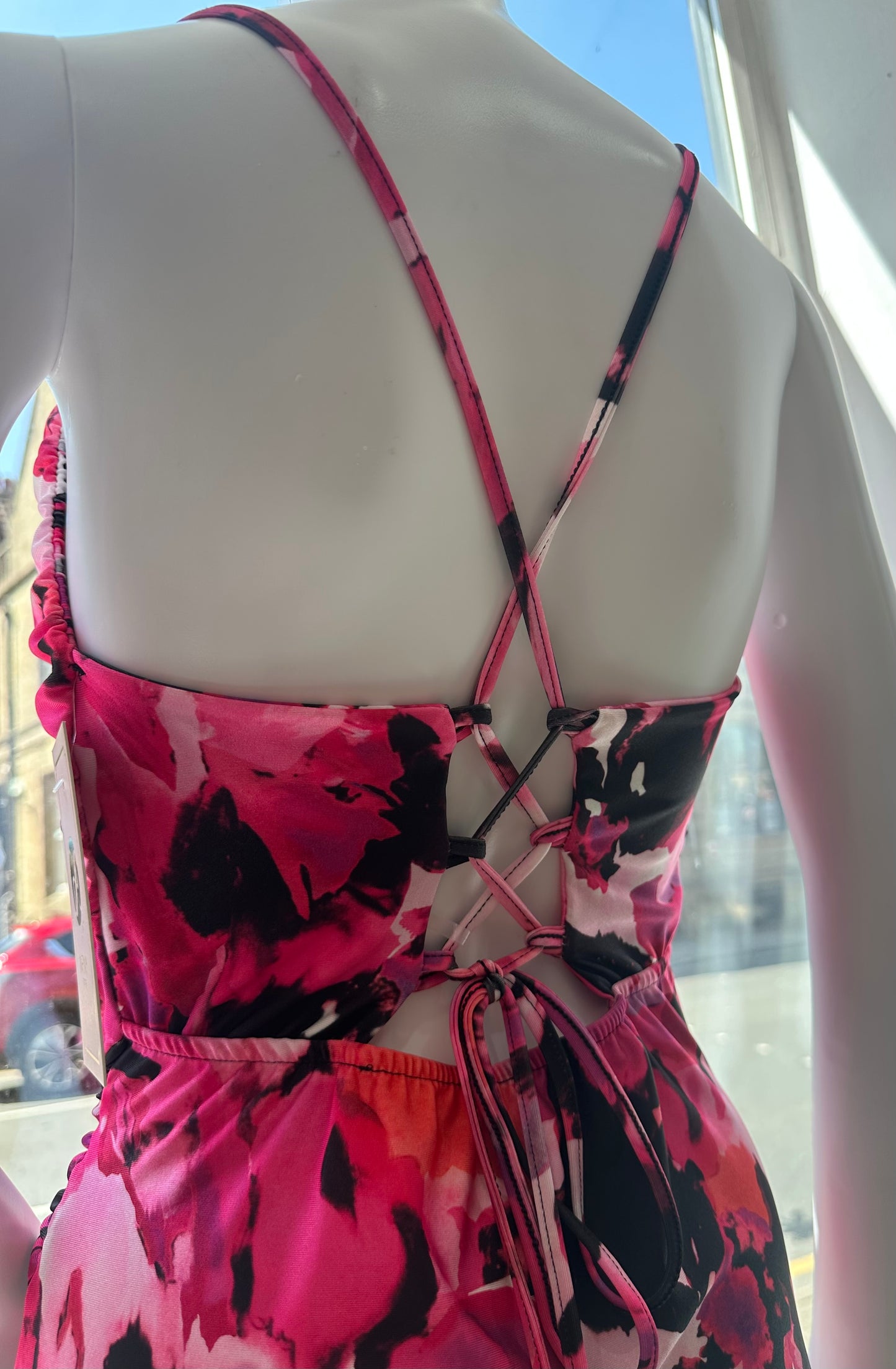 Pink printed cowl neck split front strappy dress