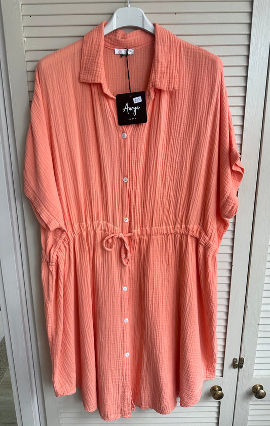 Curve fit orange cheesecloth drawstring waist button down dress / shirt
