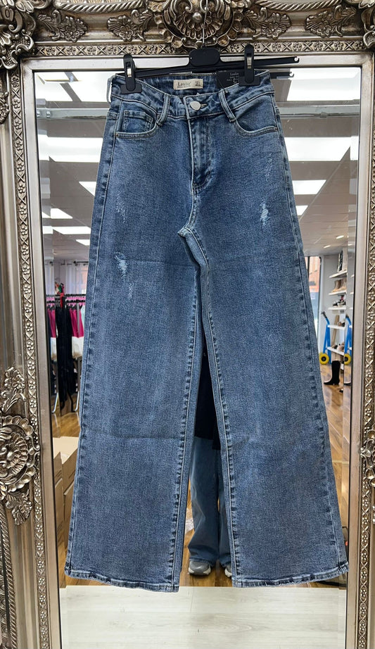 Blue stretchy dad fit full length straight leg jeans