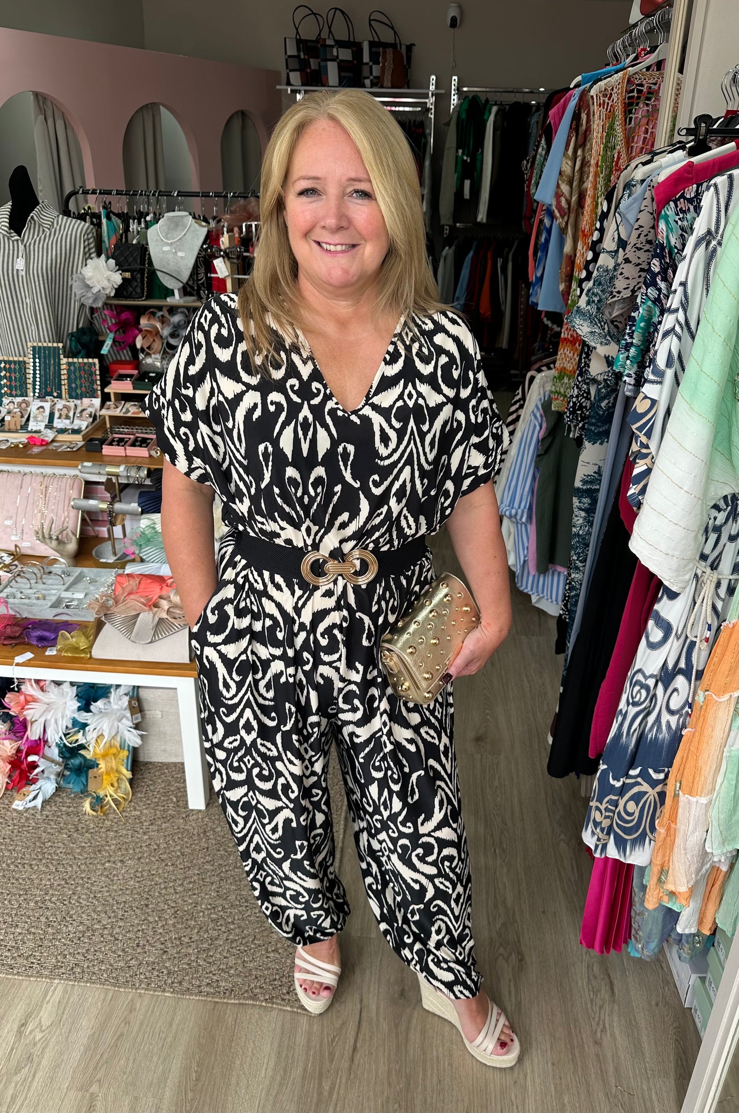 Curve size black and beige printed tie waist jumpsuit
