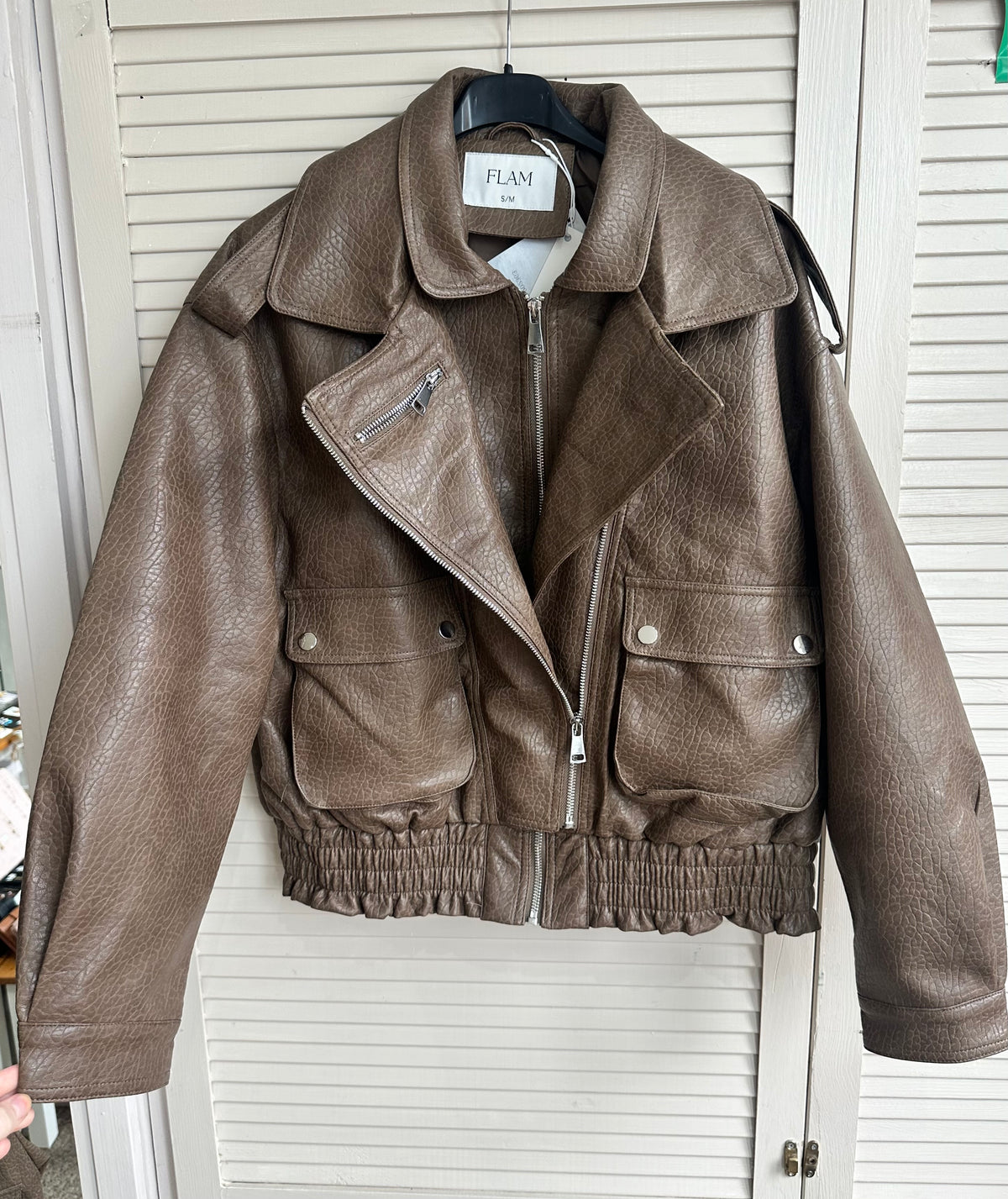 Taupe Faux Leather Oversized Bomber Jacket