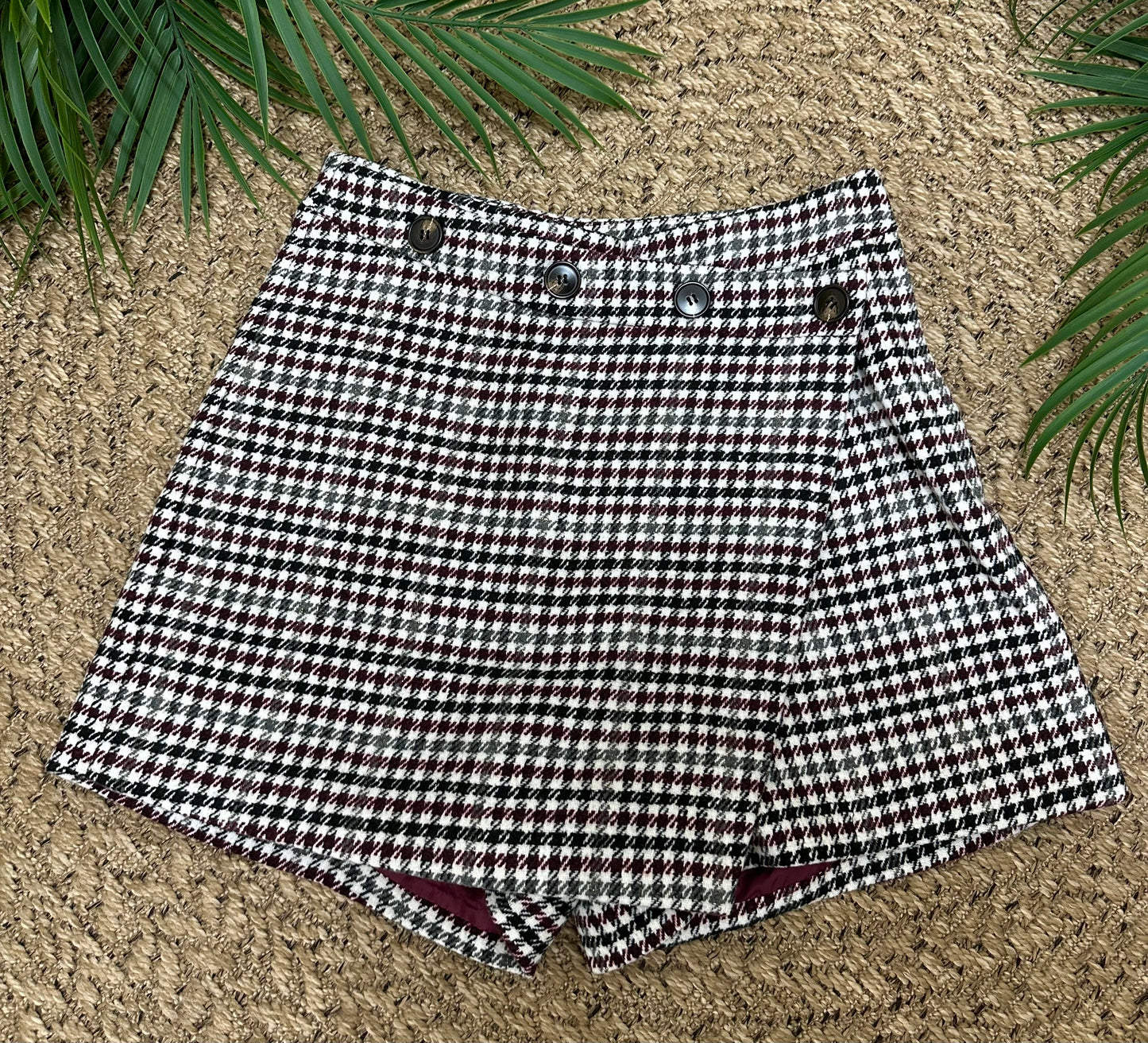Burgundy checked button detail skort