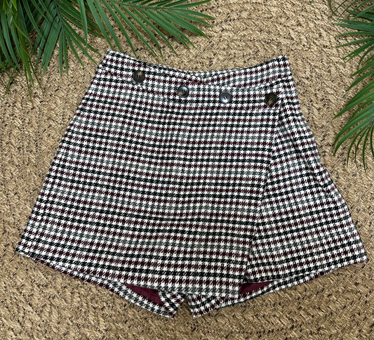 Burgundy checked button detail skort