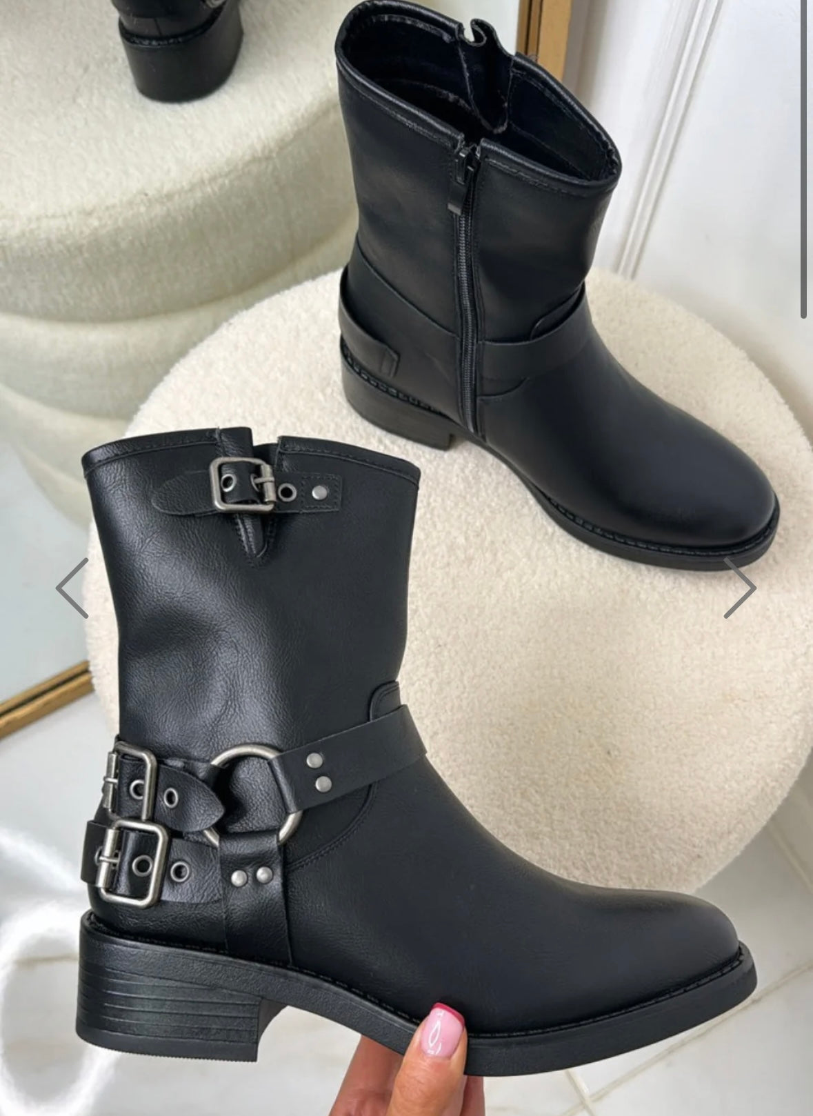 Black PU buckle detail heeled biker boots