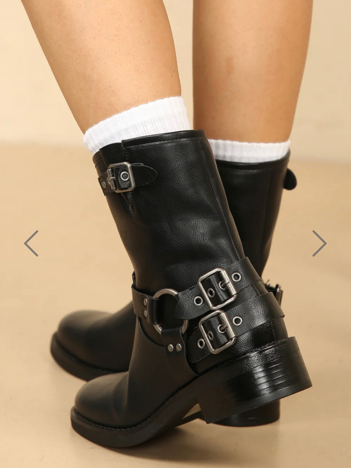 Black PU buckle detail heeled biker boots
