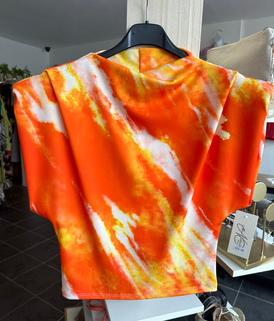 Orange abstract padded shoulder crop top