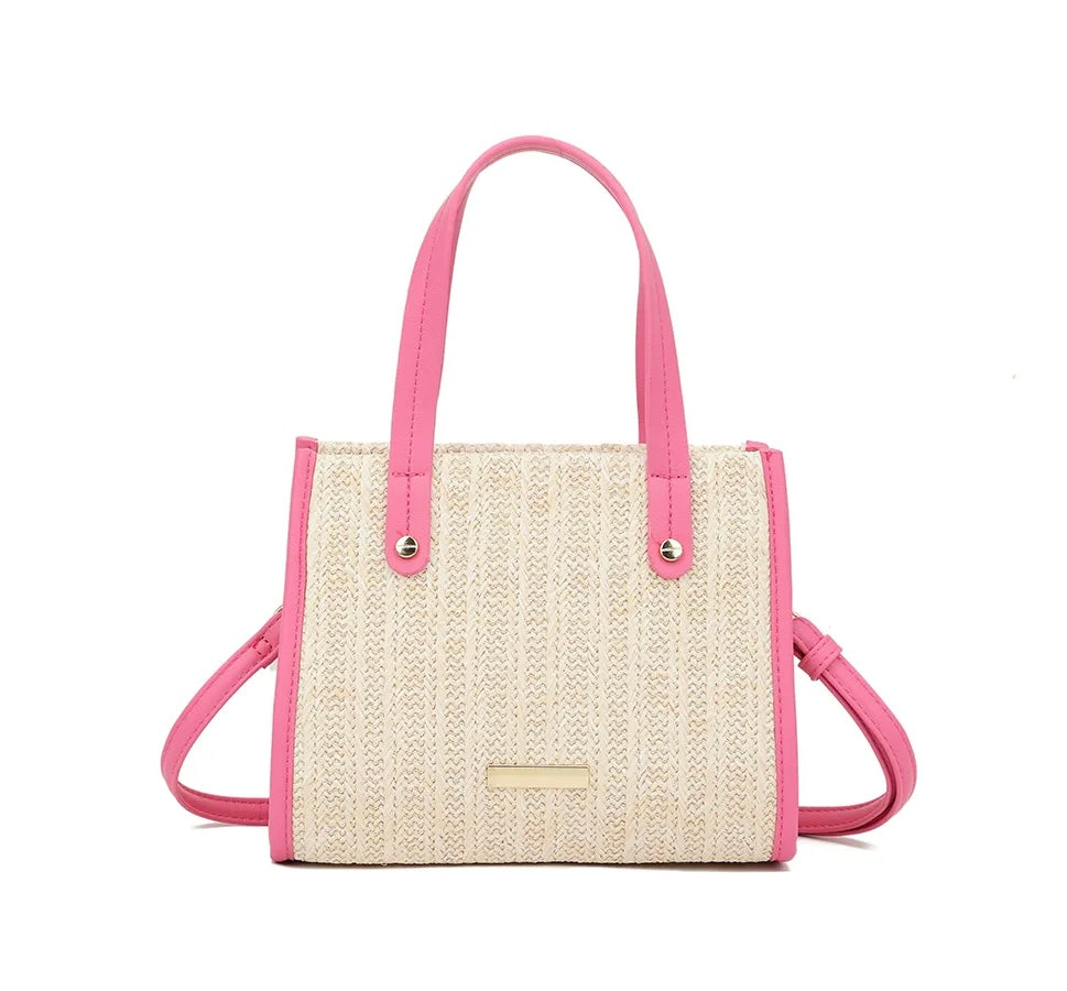 Pink straw detail crossbody tote bag