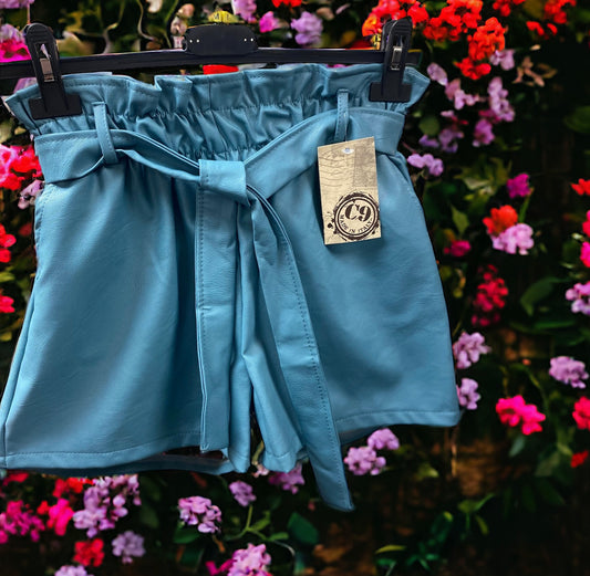 Blue PU leather paper bag waist shorts