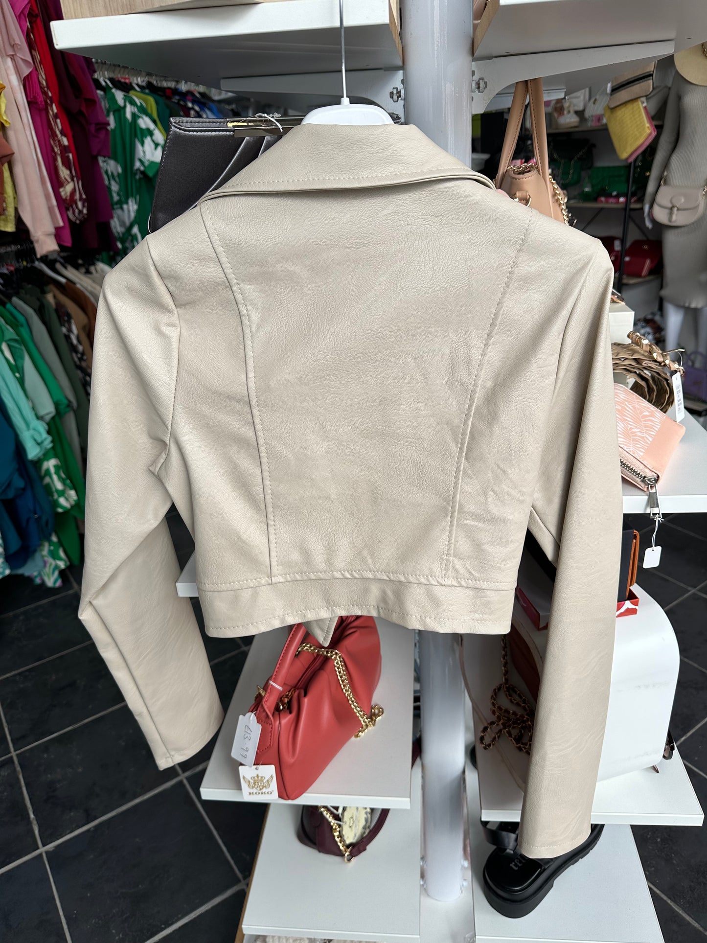 Cream PU leather crop biker jacket (small fitting)