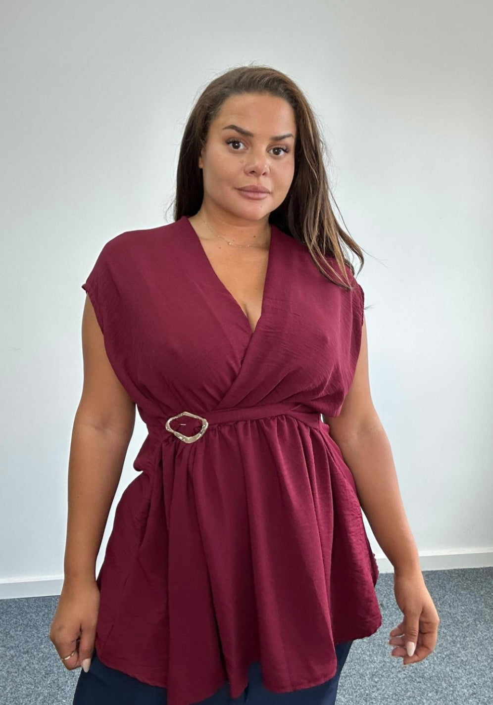 Curve wrap front sleeveless peplum top with buckle detail - Burgundy